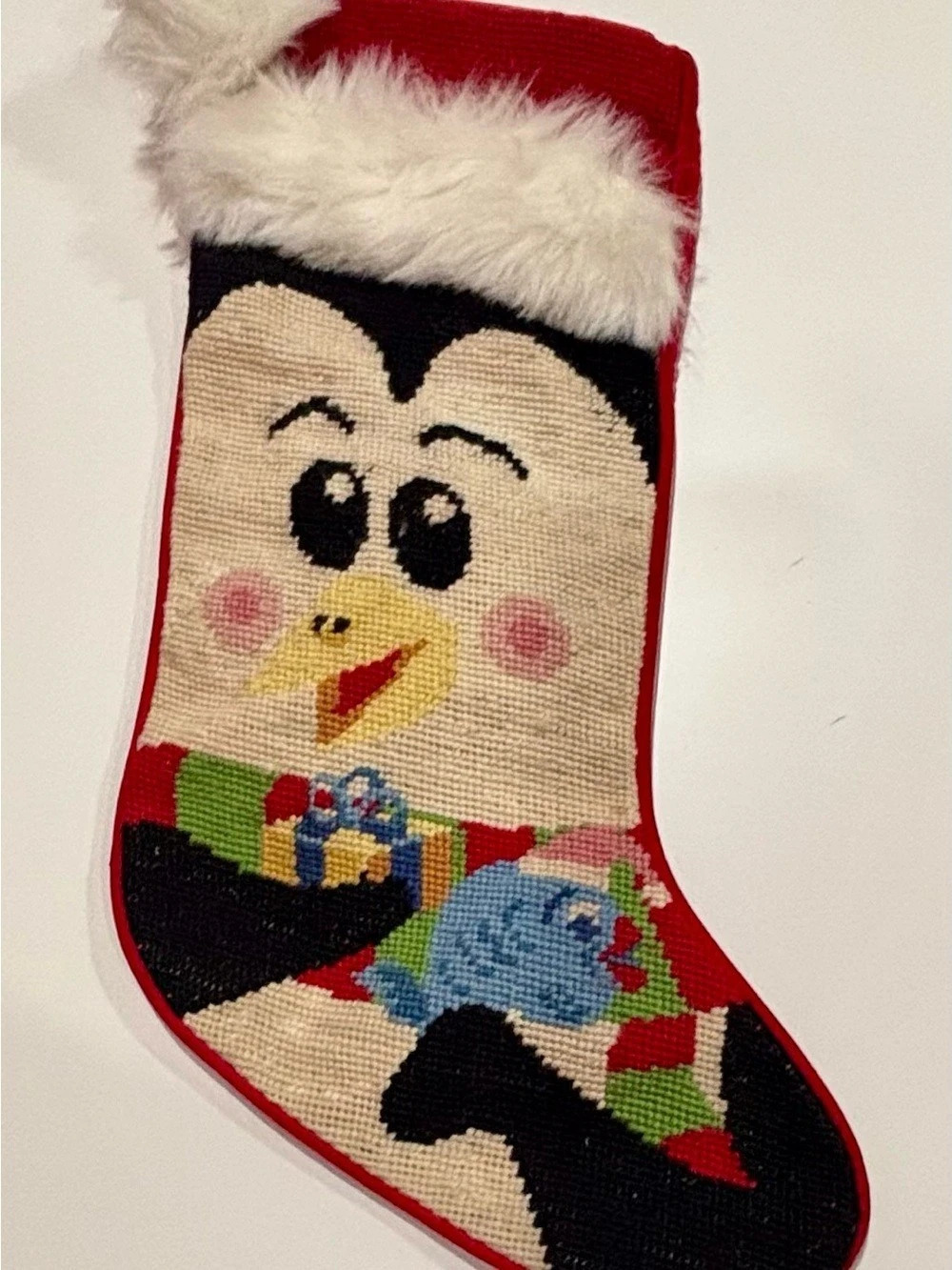 Vintage Handmade Needlepoint Penguin Santa Christmas Stocking Red & White
